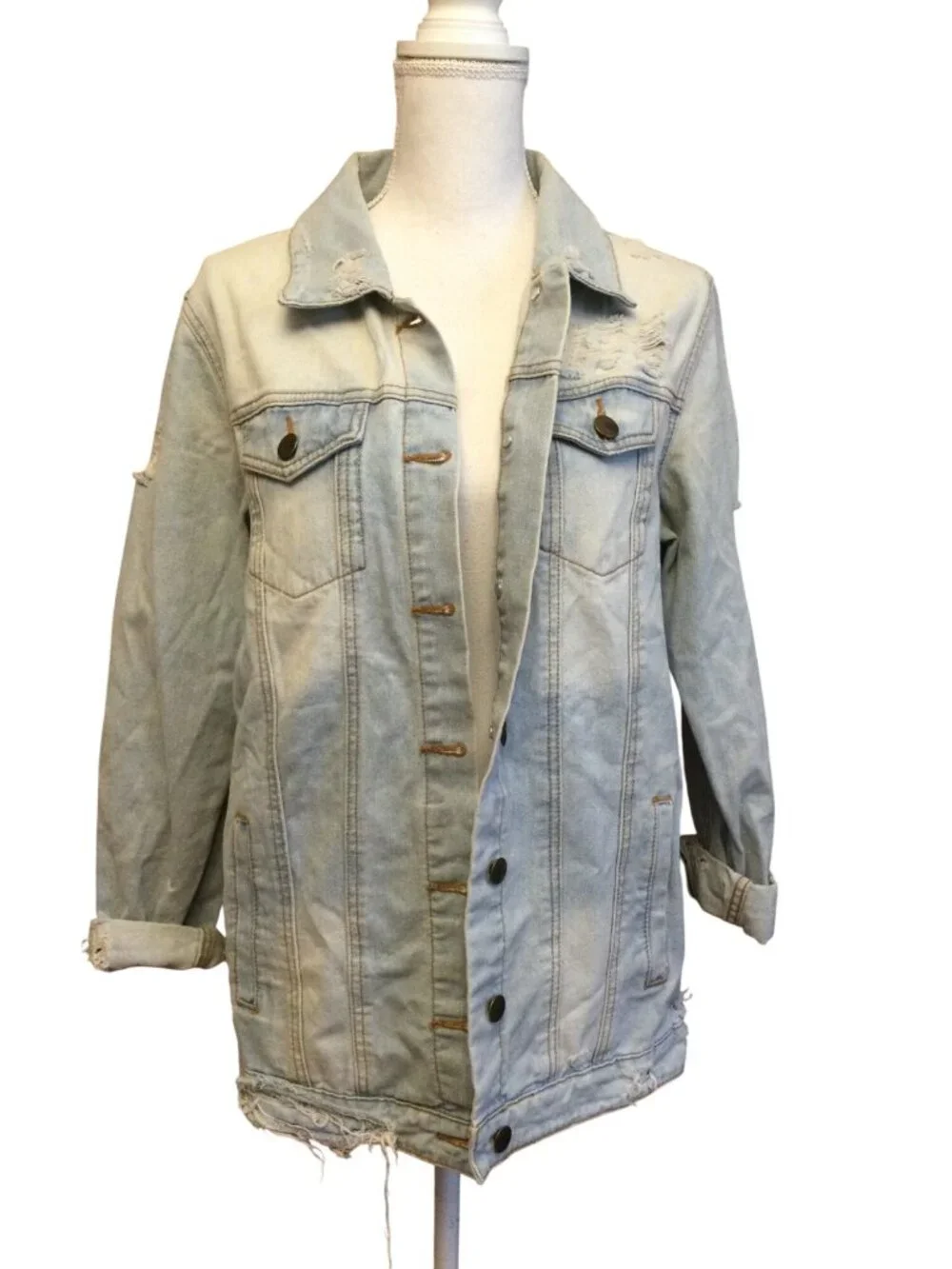 Mono B Womens Denim Jacket Size M Distressed Destroyed Rips